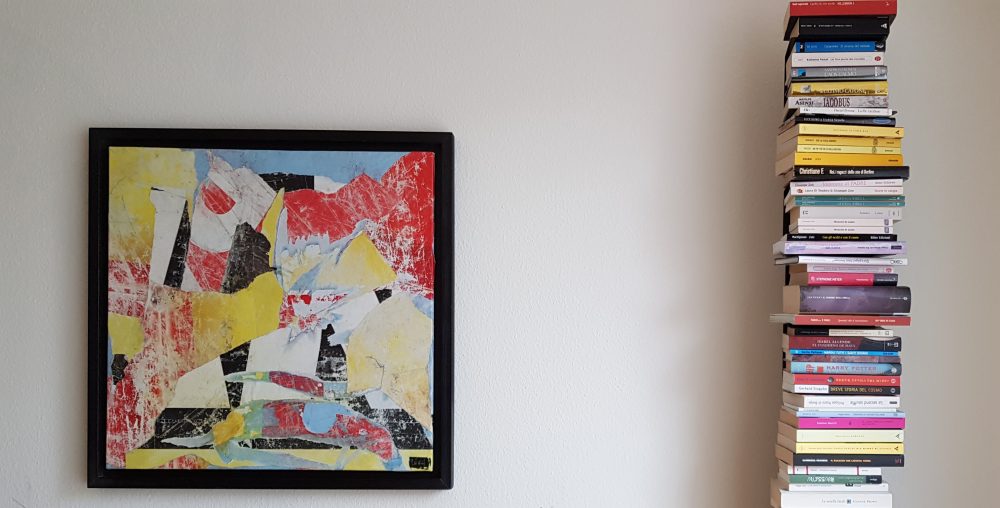 60×60 decollage su tela con librearia